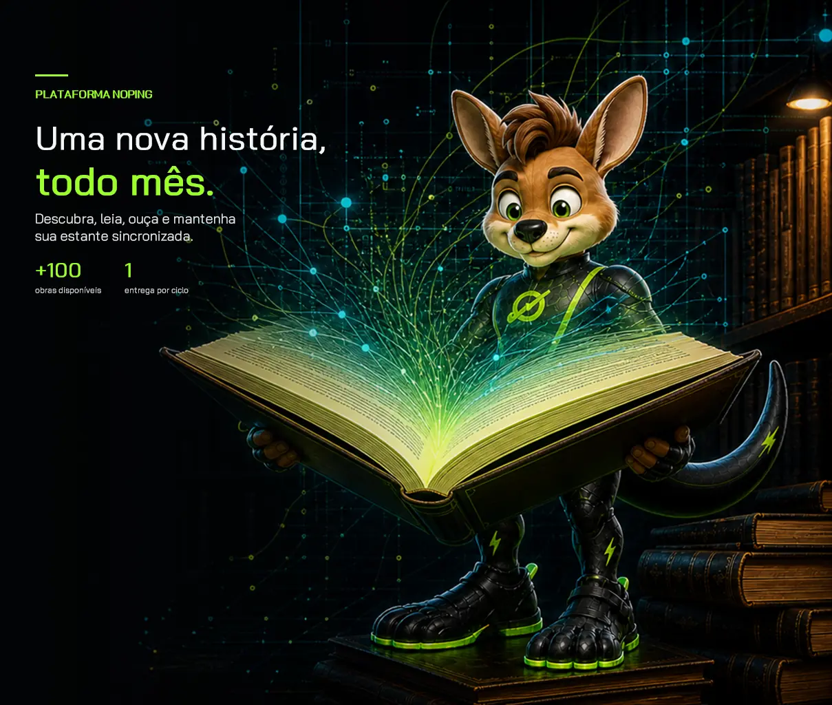 Mascote NoPing lendo um livro conectado a uma biblioteca digital.